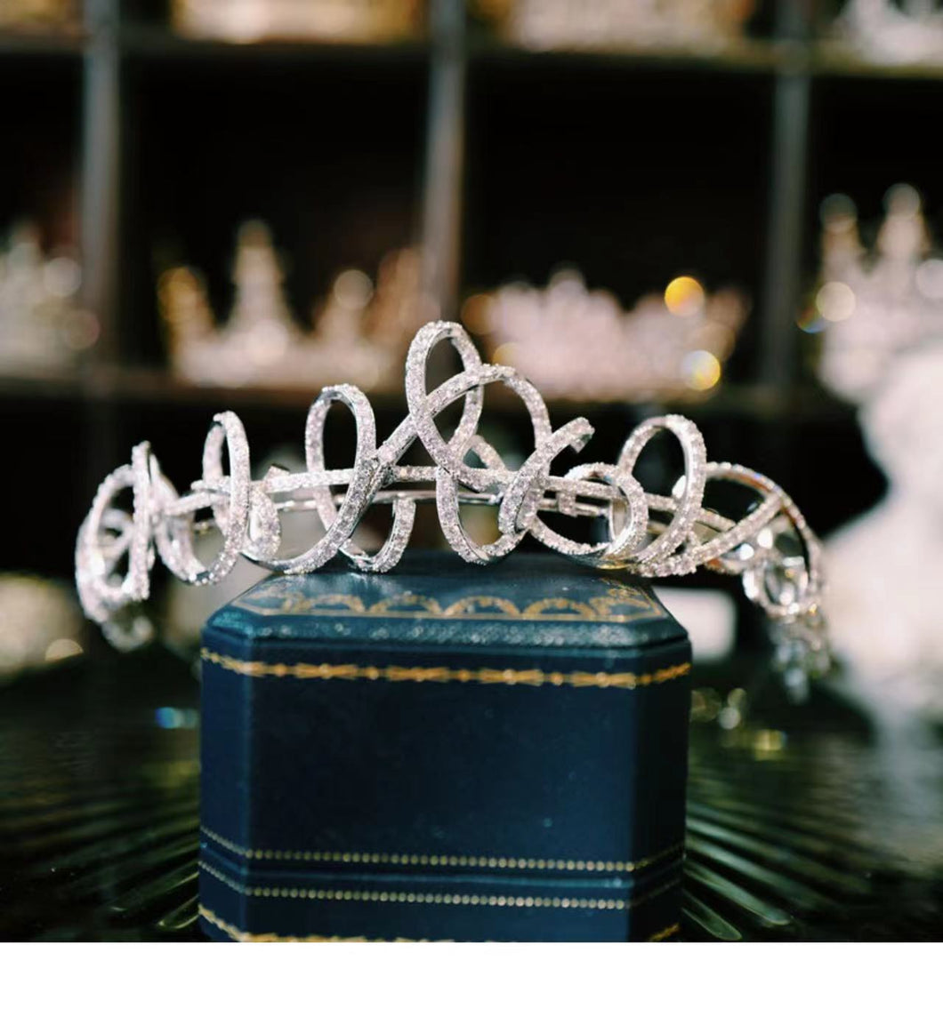 Elegant Ribbon Tiara with Natural Zircon - 24K White Gold Plated Bridal Headpiece