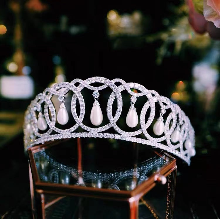 Luxurious Royal Family Tiara - Inspired by Queen Elizabeth Crown, Pearl & Zircon, 24K White Gold Plated